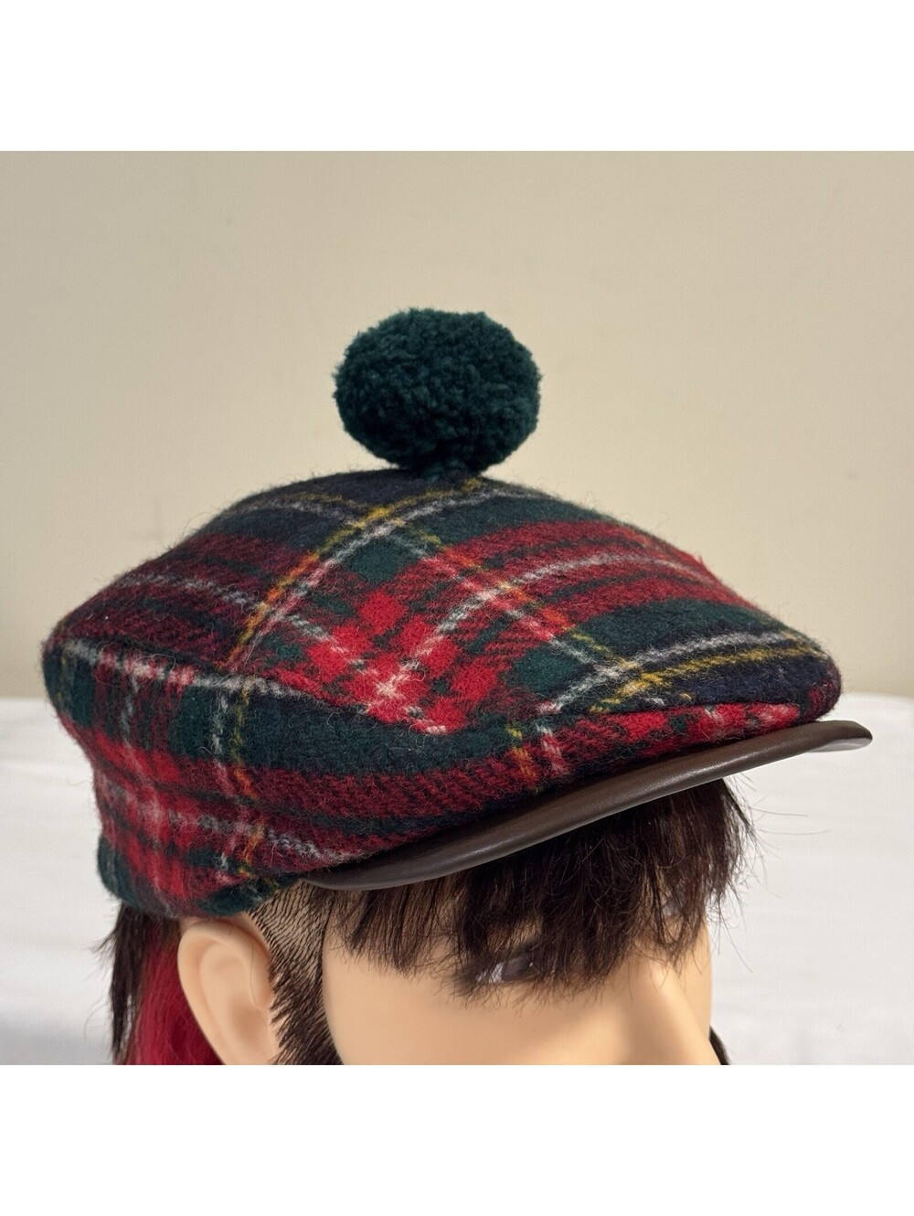 Vintage Tartan Plaid Flat Cap Hat Newsboy Pom Wool USA Golf Golfing Caddy Large